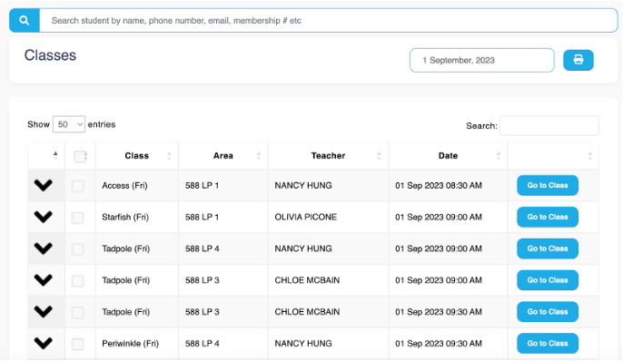 Classlist of upcoming classes